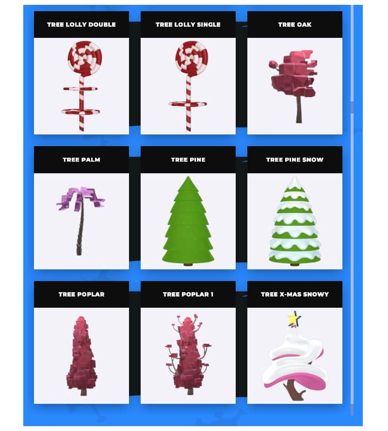 ビルドのデコレーション素材、色々な種類の木